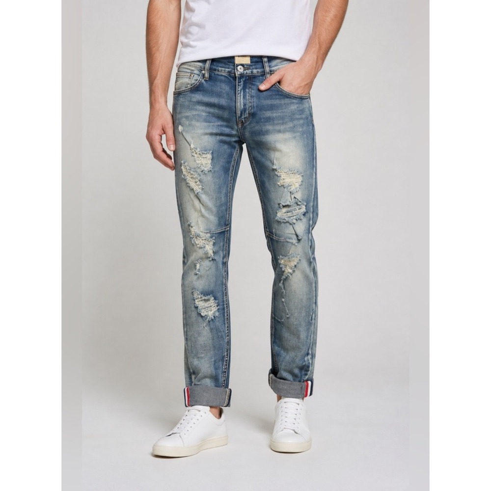 NEW KDNK Mens Distressed Comfort Stretch Slim Jeans Medium Blue Size 38